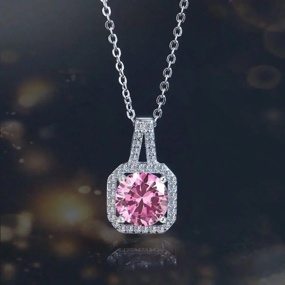 925 Sterling Silver Pink Sapphire Halo Pendant Necklace